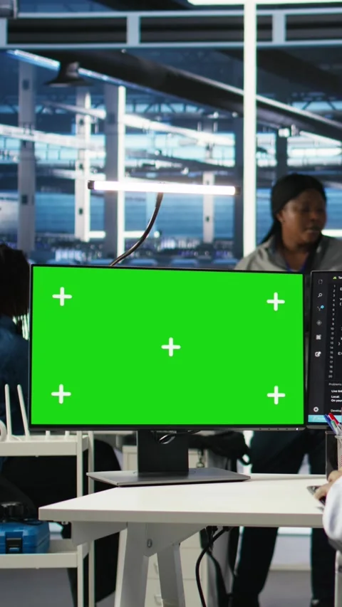 Vertical video Data center worker with paraplegia using node trees on green Stock Footage 307970611