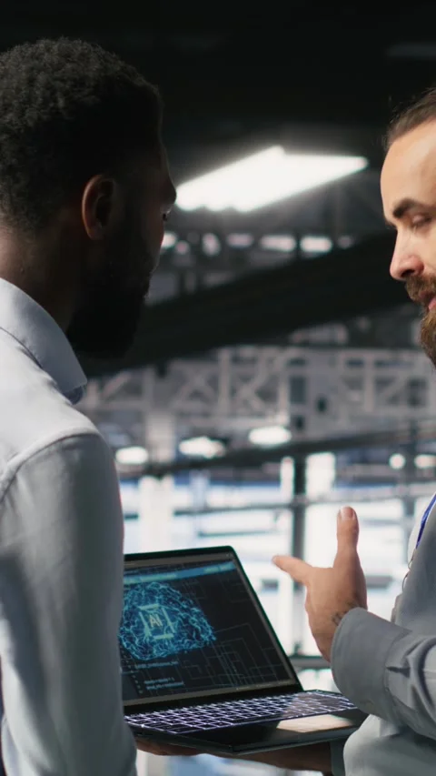 Vertical video Data center workers cooperating, doing maintenance on rigs Stock Footage 310778198