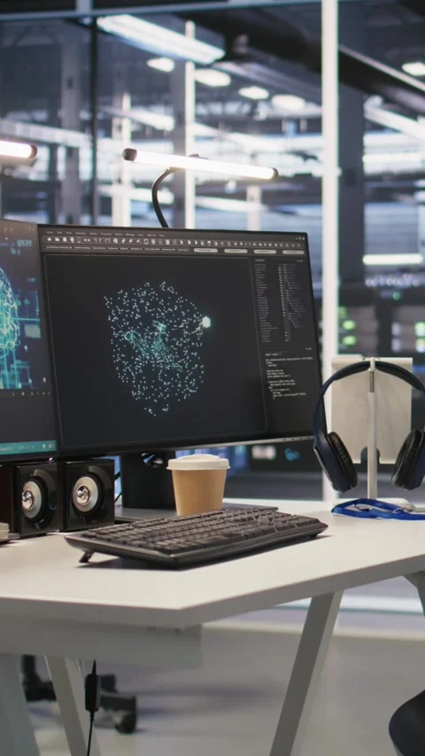 Vertical video Data center workstation equipped with machine learning software Stock Footage 309486140