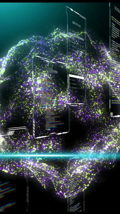 Vertical video: Data cloud rotating and pulsing, cyan beam sweeping in, cueing Stock Footage 334770820