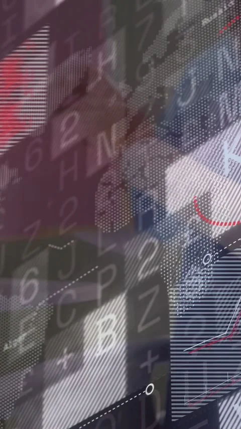 Vertical video: Data display reacting to passerby blur, animating code grid, red Stock Footage 333304194