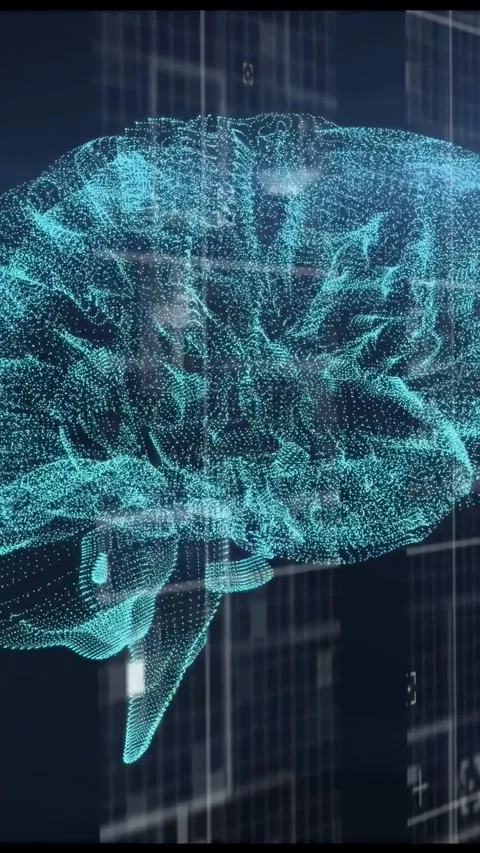 Vertical video: Data-driven teal brain pointcloud rotating, pulsing, revealing Stock Footage 334792560