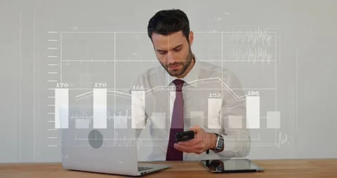 Vertical video: Data driving man in tie typing picking phone checking watch Video stock 331169376