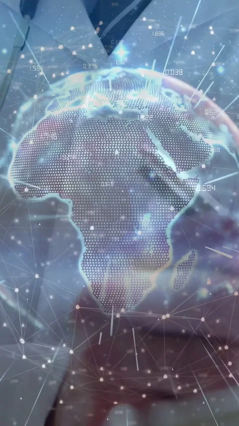 Vertical video: Data feed activating holo globe, man behind watching rotating Stock Footage 331334126