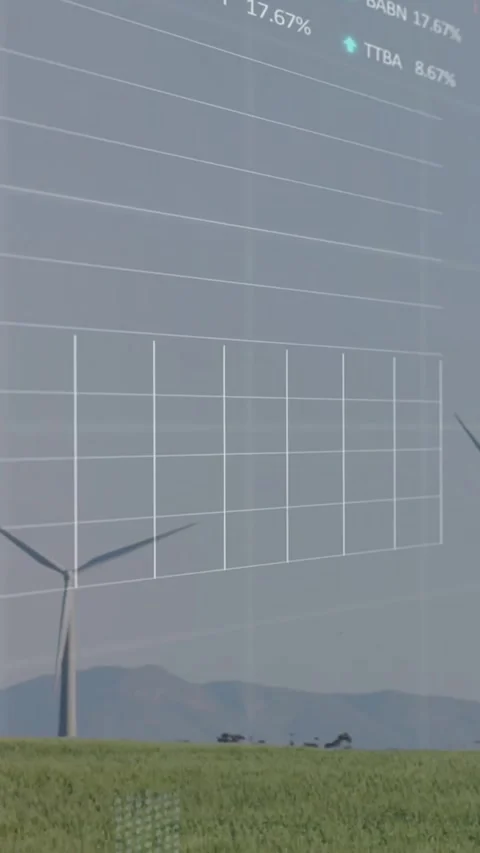 Vertical video: Data feed activating, turbine rotating while 3D grid appearing Stock Footage 334397985