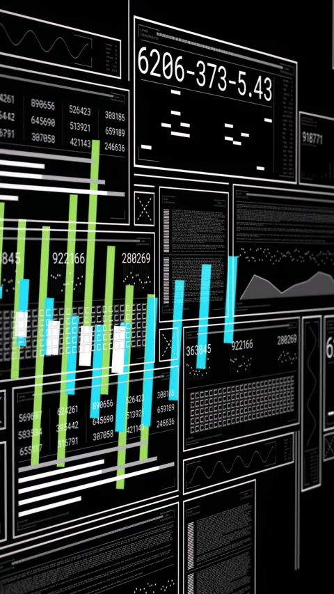 Vertical video: Data feed arriving, data wall filling, bars rising, camera Stock Footage 340133232
