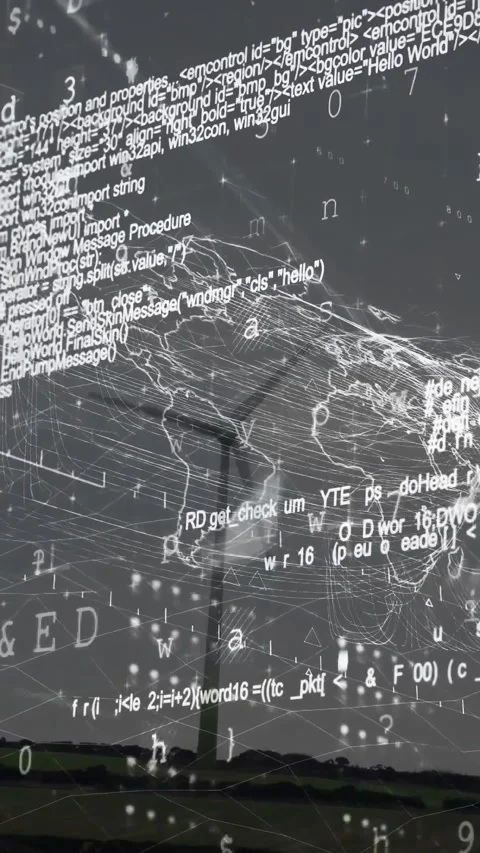Vertical video: Data feed driving map overlay and code across turbine spinning Vidéo 330359187
