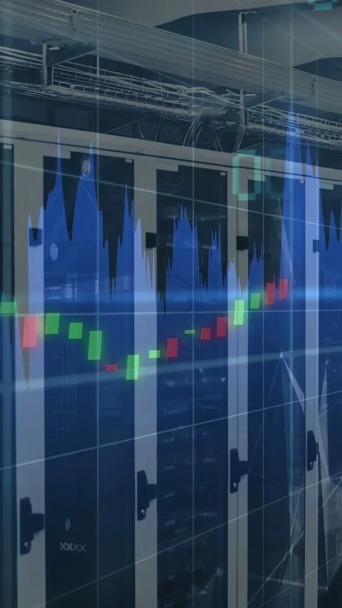 Vertical video: Data feed driving server racks showing candles and waveform Stock Footage 332775326