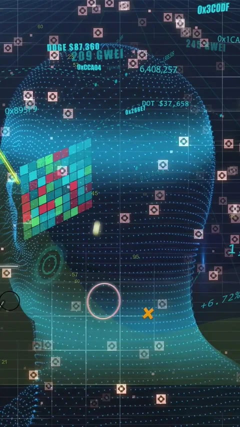 Vertical video: Data feed driving 3D mesh head rotating nodes popping lines Stock Footage 334917238