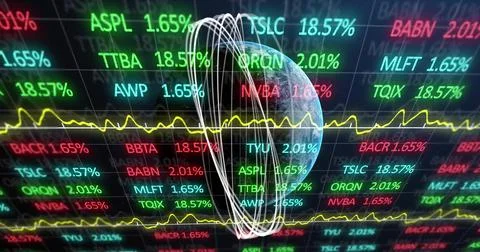 Vertical video: Data feed driving globe spinning rings over tickers on dashboard Ilustración de archivo