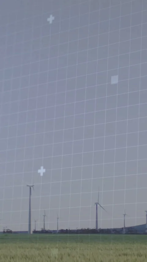 Vertical video: On data feed, grid and code overlay pulsing above wind turbines Stock Footage 332336057