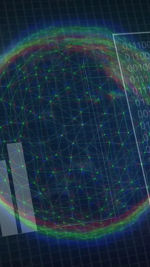 Vertical video: On data feed mesh globe pulsing, expanding while HUD charts Stock Footage 334296787