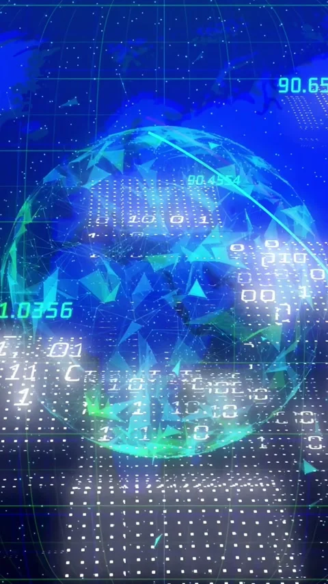 Vertical video: On data feed, polygon globe rotating and pulsing while arcs Stock Footage 332846251
