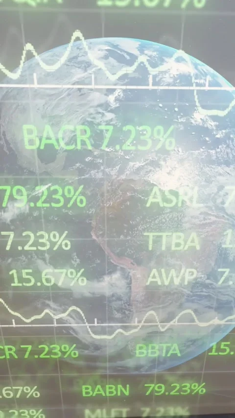 Vertical video: Data feed starting 3D globe rotating while tickers rising and Stock Footage 328398231