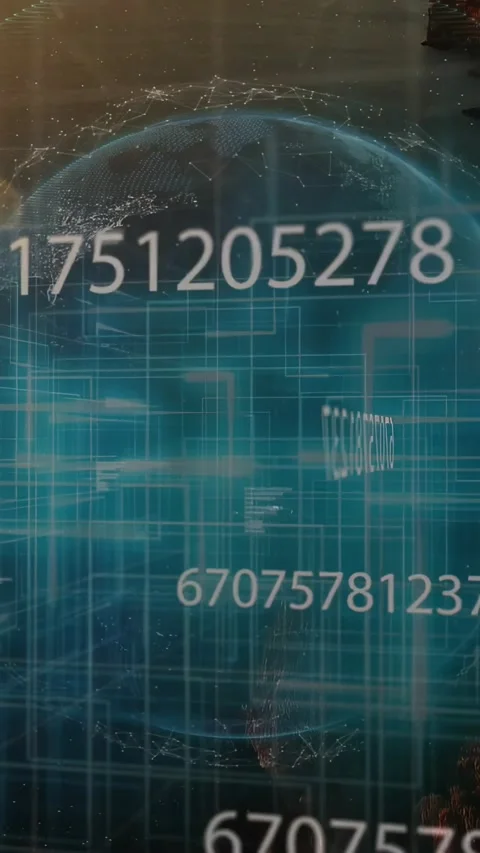 Vertical video: Data feed starting, globe rotating while numeric strings Stock Footage 328398398