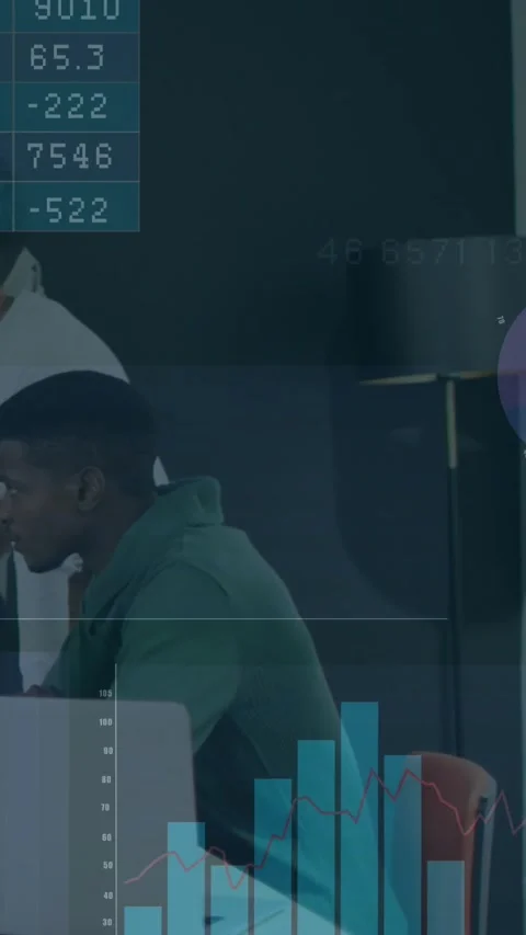 Vertical video: Data feed starting overlays, man in green hoodie typing and Stock Footage 330242590