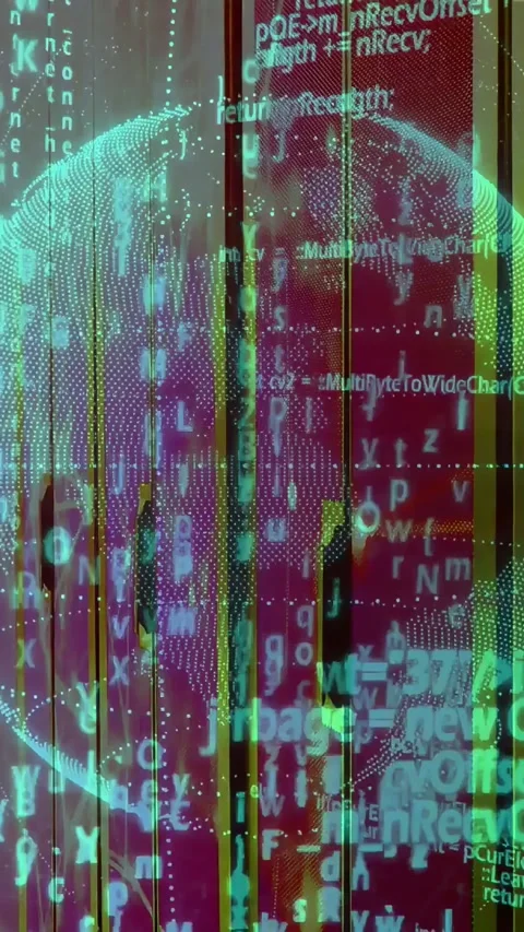 Vertical video: Data feed starting, teal globe rotating on panel, code scrolling Stock Footage 332594841