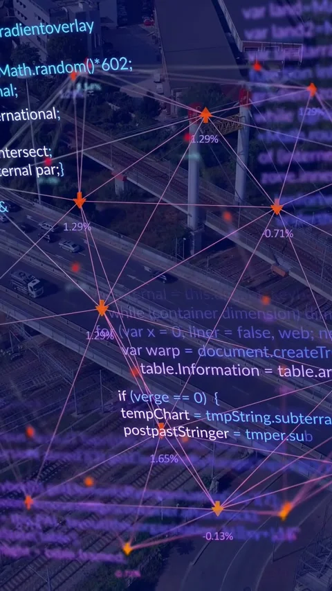Vertical video: Data feed starting purple mesh over road pulsing nodes sliding Stock Footage 332734622