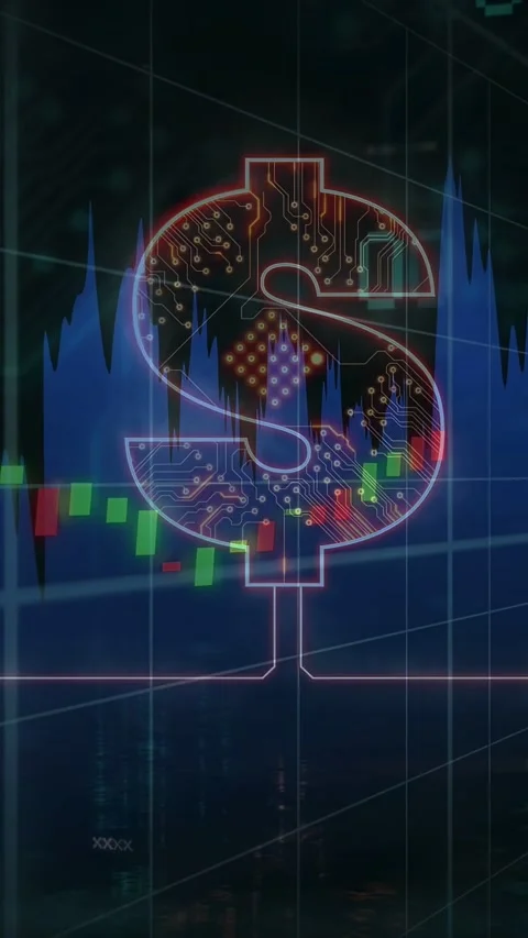 Vertical video: Data feed starting neon $ pulsing wave shifting bars sliding Stock Footage 333079613