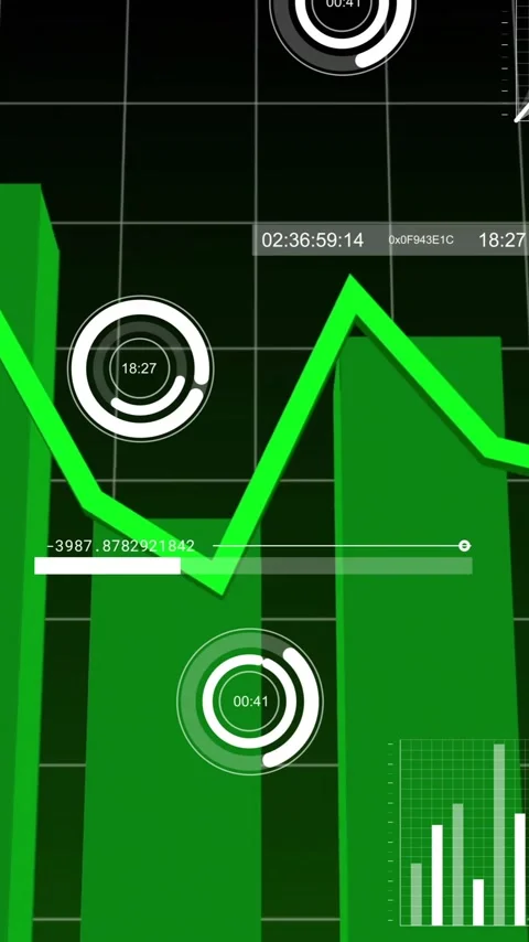 Vertical video: Data feed starting green bars rising polyline tracing peaks Stock Footage 333319932