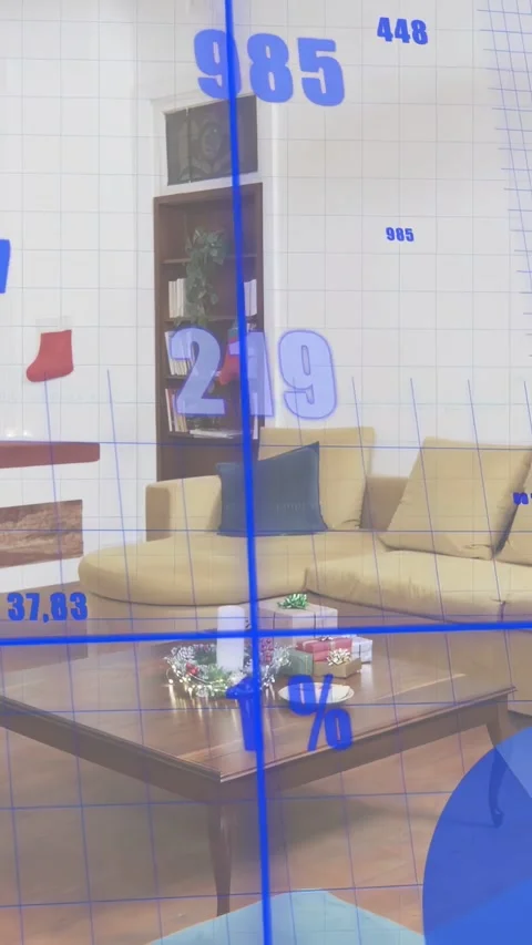 Vertical video: On data feed update, sofa and table showing home analytics Stock Footage 332645030