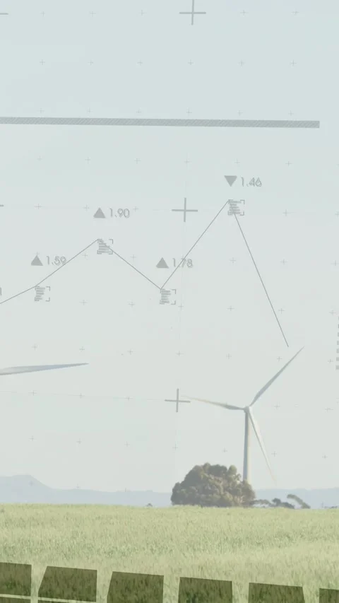 Vertical video: Data feed updating chart HUD over field, wind turbine rotating, Stock Footage 332747548