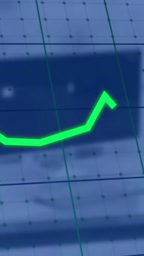 Vertical video: Data feeding green trace drawing across grid panel yellow cyan Video stock 330982444