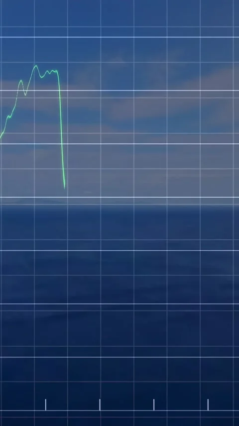 Vertical video: Data feeding market chart over sea, animating green line showing Stock Footage 334546663