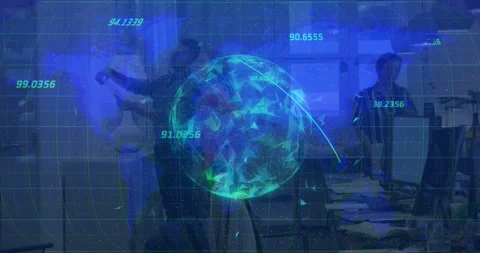 Vertical video: Data globe emerging with numbers, rotating, casting arcs, aiding Stock Footage 331085464