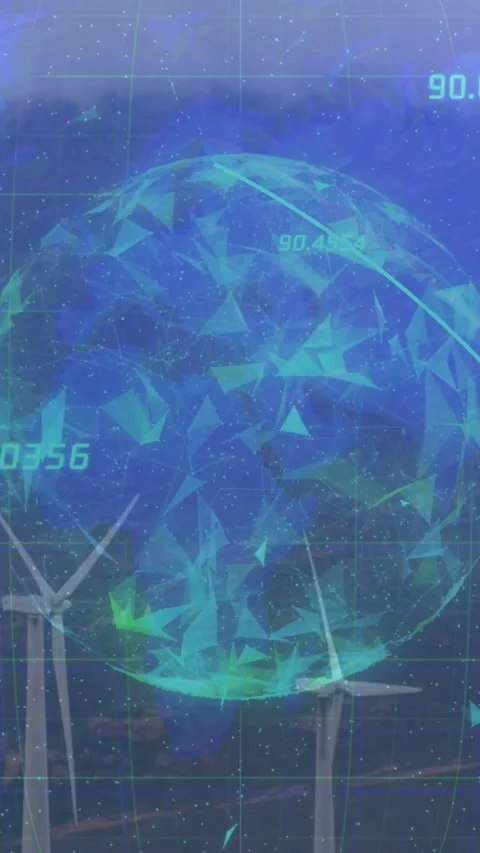 Vertical video: Data globe pulsing above wind turbines, receiving telemetry and Stock Footage 332336150