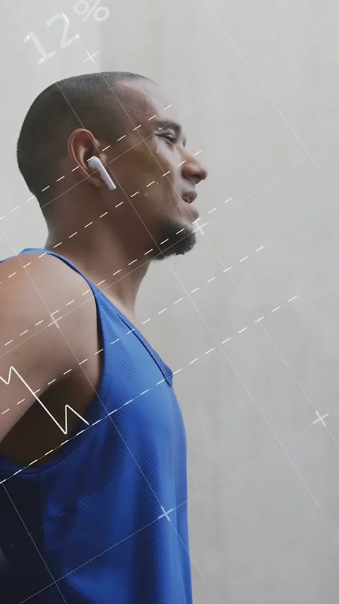 Vertical video: Data graphics sweeping in, man in tank lowering arms and viewing Stock Footage 333953377