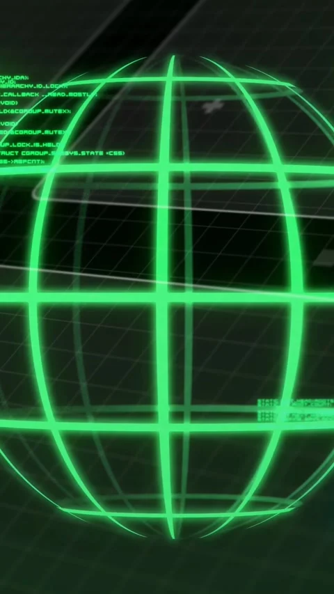 Vertical video: On data green wire sphere rotating, pulsing, sliding code blocks Stock Footage 328331943