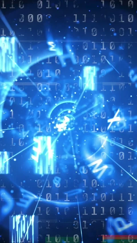 Vertical video: Data hub pulsing, rings rotating, beams shooting, glyphs Stock Footage 334770982