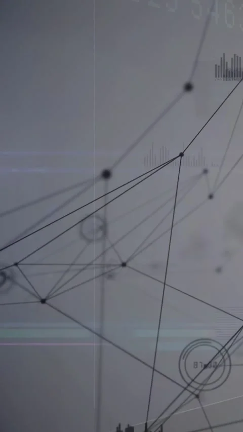Vertical video: Data hub shifting, camera panning, bars rising, nodes linking to Stock Footage 333006220