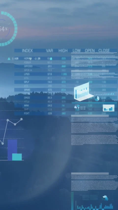 Vertical video: Data HUD appearing over mist ridge, UI sliding, charts growing, Video stock 330195990