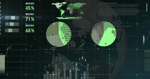 Vertical video: Data HUD receiving update, animating globe, bars moving, pie Stock Footage 331197786