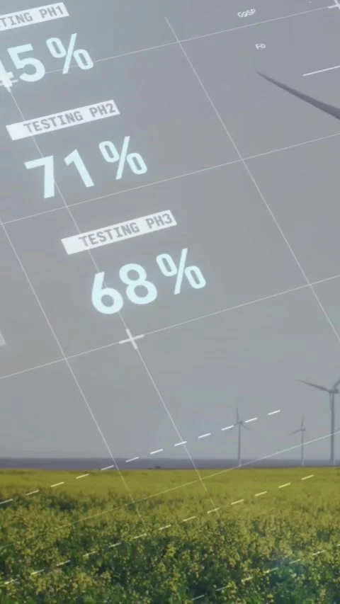 Vertical video: Data HUD sliding over grey sky changing number table to pie Stock Footage 334547730