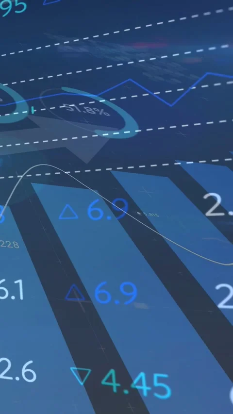 Vertical video: Data HUD updating live, line rising and falling, bars sliding to Stock Footage 332775071