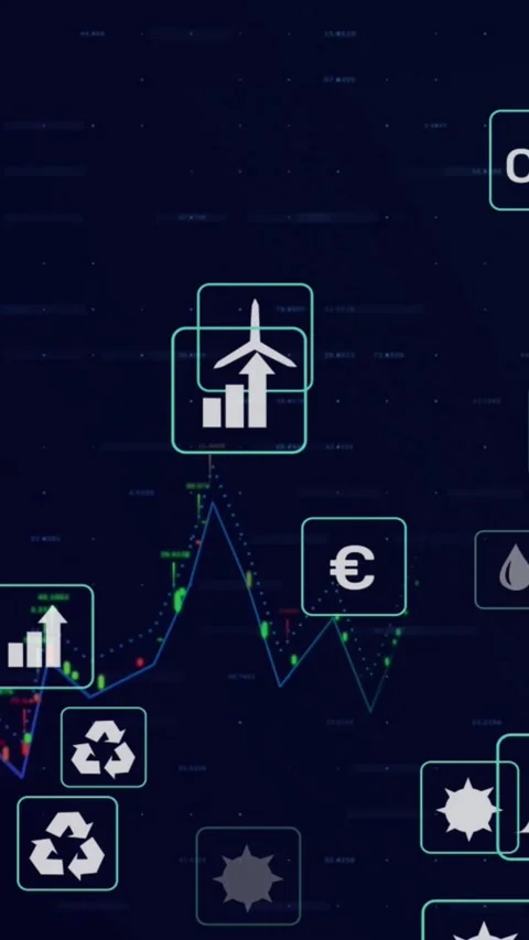Vertical video: Data icons moving over chart rising peak spurring footprint on Stock Footage 330919734