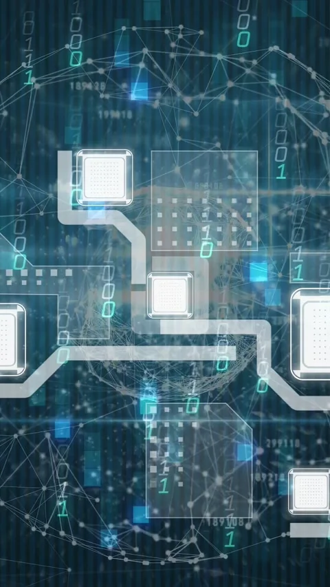 Vertical video: On data input, chip node pulsing and routing binary along silver Stock Footage 330429994