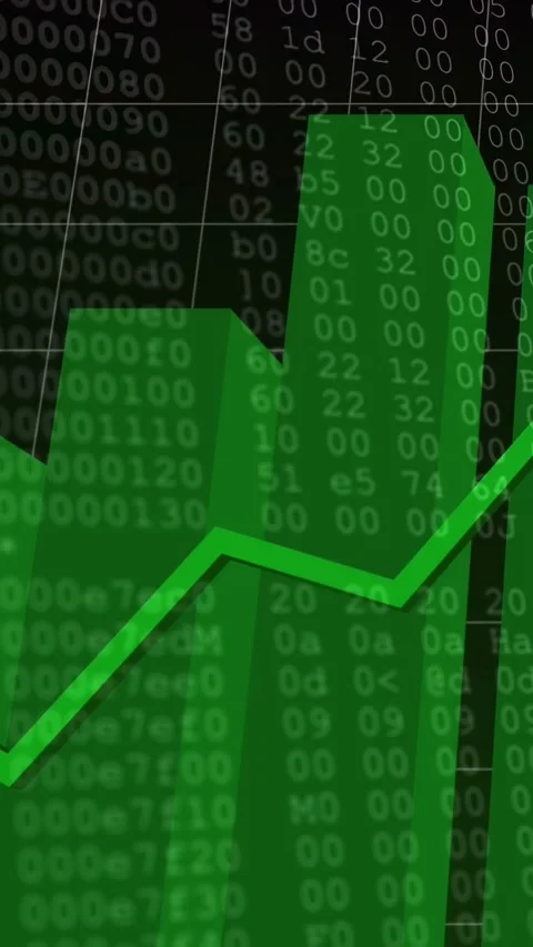 Vertical video: On data input, green bars rising, line moving, digits fading, Stock Footage 332775592