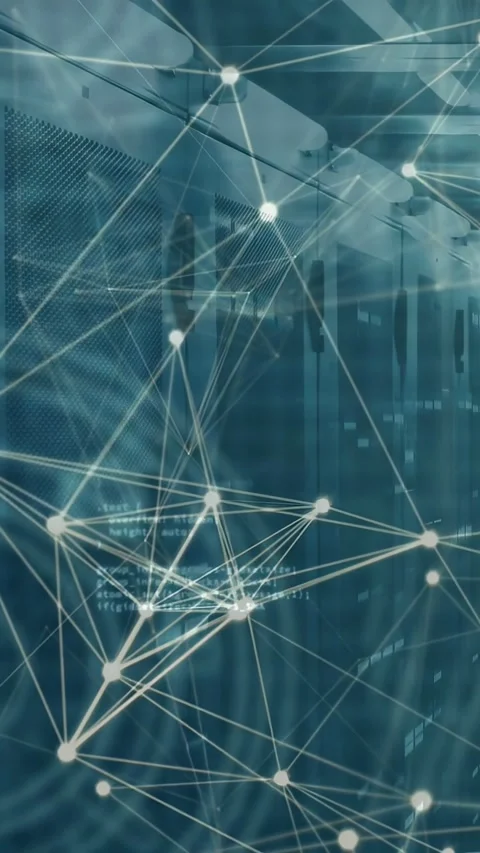 Vertical video: On data input node mesh moving across racks, bright nodes Stock Footage 333006195