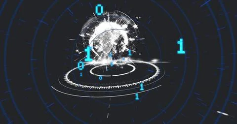 Vertical video: Data input starting holo globe spinning over tech HUD rings, Stock Photos