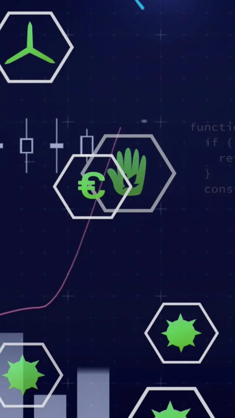 Vertical video: On data load hex icons drifting, passing while charts shifting Vídeos de archivo 330605309