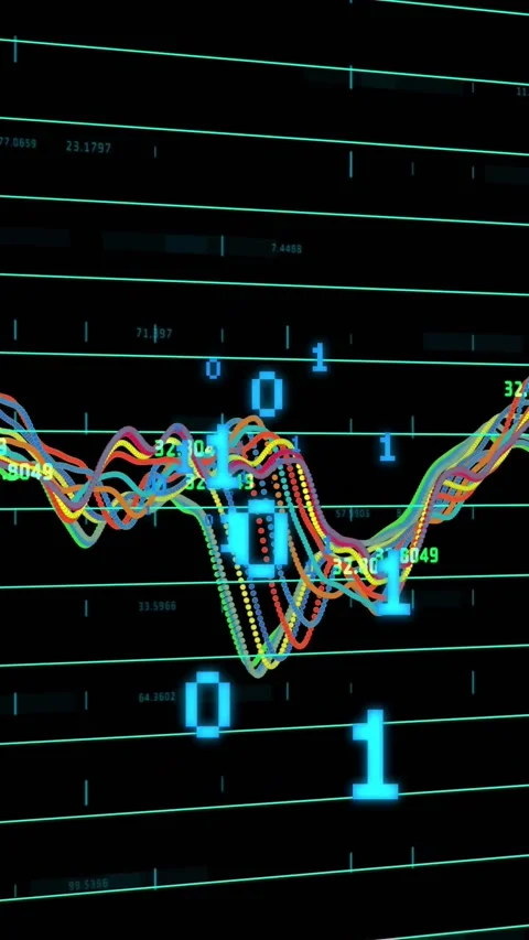 Vertical video: Data moving waves, shifting peaks, grouping glyphs, updating Stock Footage 331128744