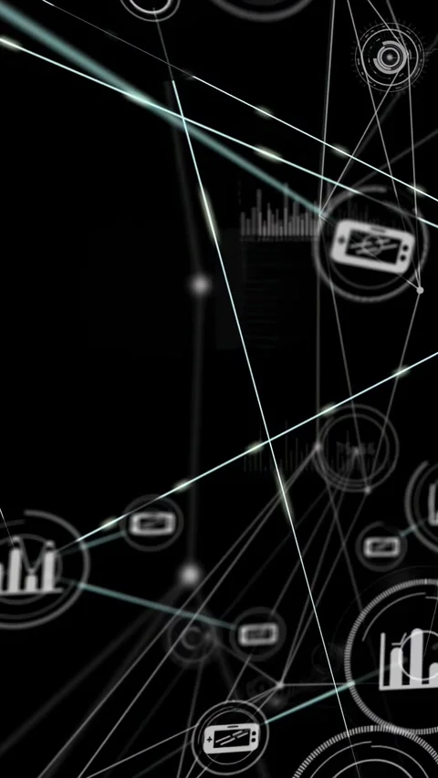 Vertical video: Data network emerging on boot, lines sweeping, nodes pulsing for Stock Footage 332985300