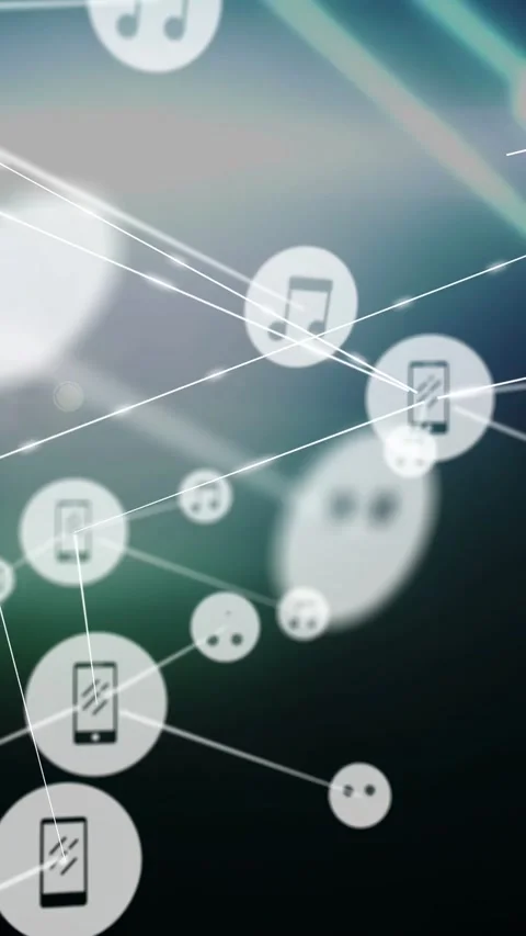 Vertical video: Data network linking appearing nodes and camera glide pulsing Stock Footage 333006083