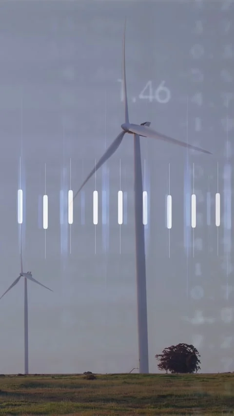 Vertical video: Data overlay appearing, turbines turning, bars pulsing, orange Stock Footage 332747626