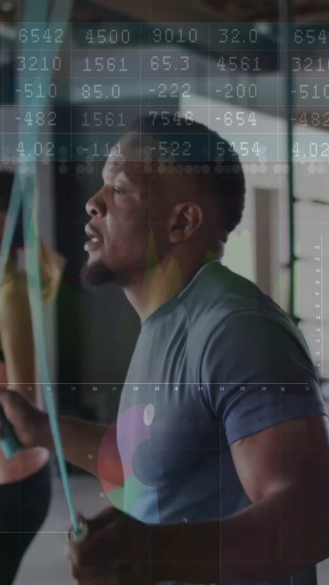Vertical video: Data overlay appearing, man and partner skipping ropes, tracking Stock Footage 333079640