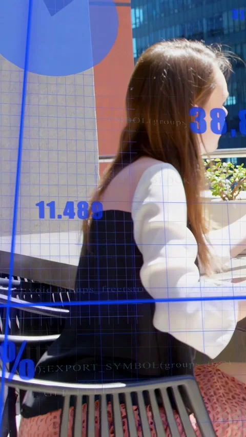 Vertical video: Data overlay appearing, woman turning and reaching on terrace, Stock Footage 333577550